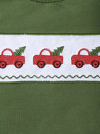 Green baby and toddler sweatshirt with three red truck and tree embroidery details, front close-up
