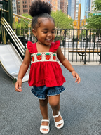 Baby Strawberry Crochet-Trim Top & Denim Ruffle Shorts Set