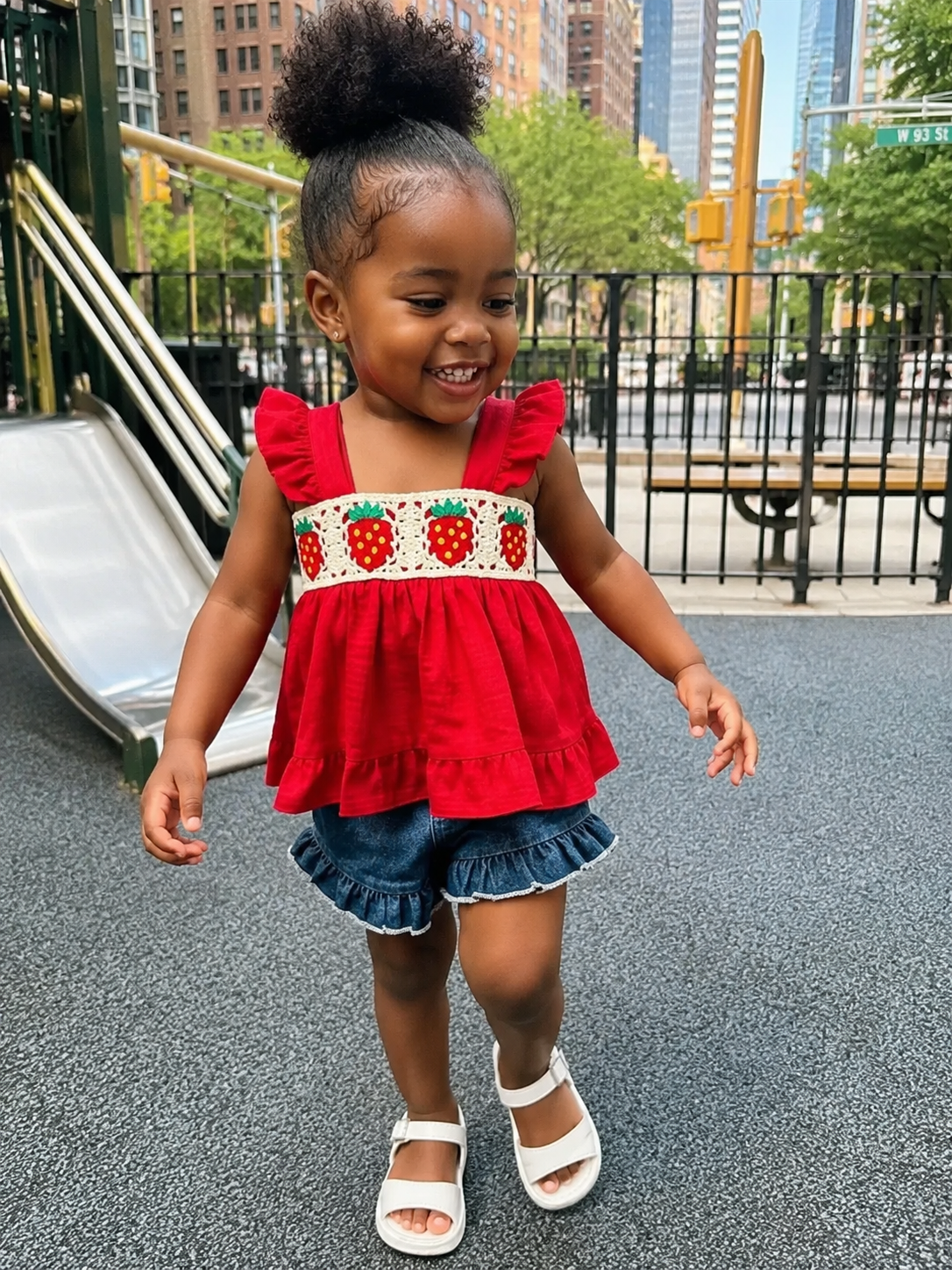 Strawberry Crochet-Trim Top & Denim Ruffle Shorts Set