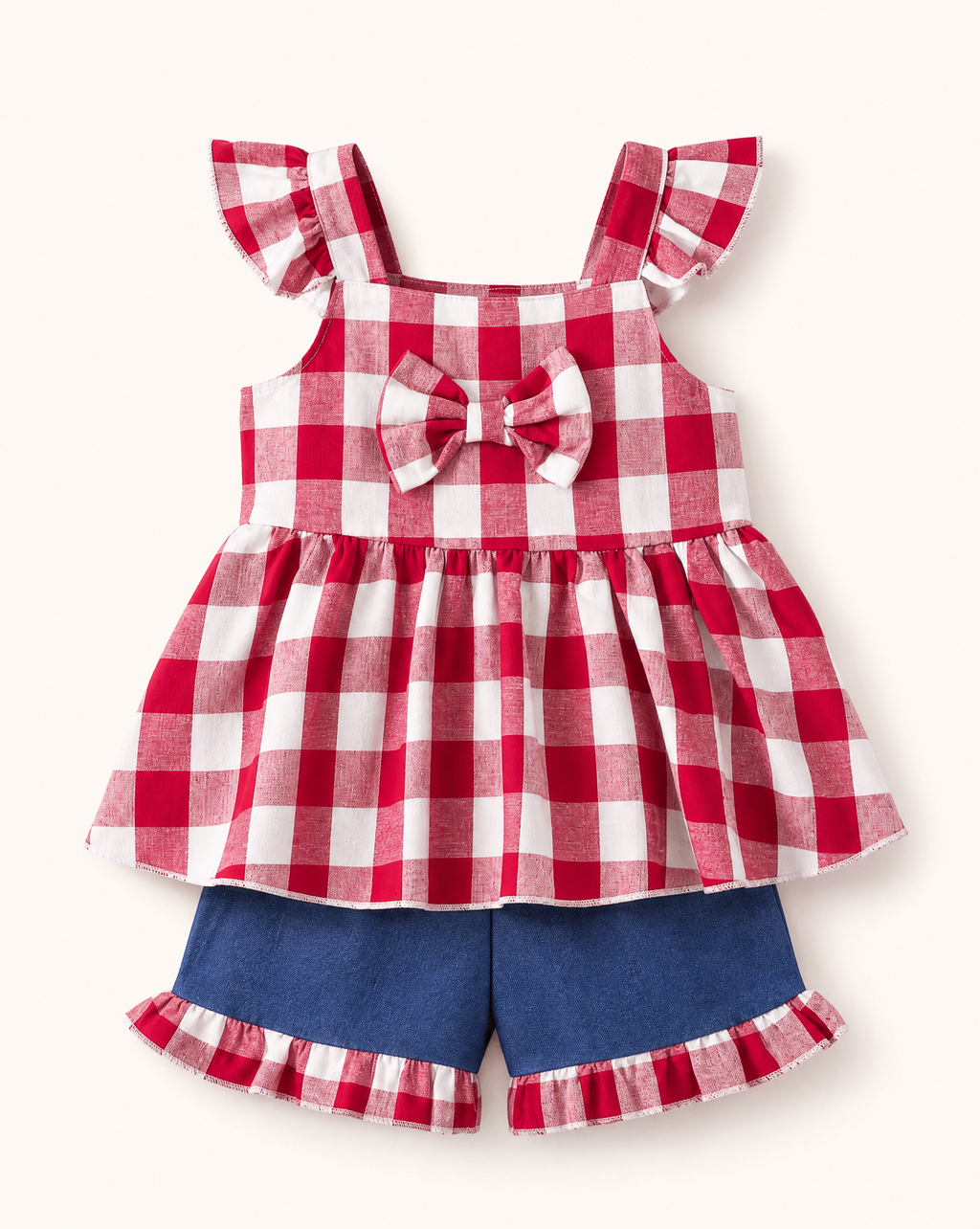 Baby  Gingham Bow Top and Ruffle Shorts Set