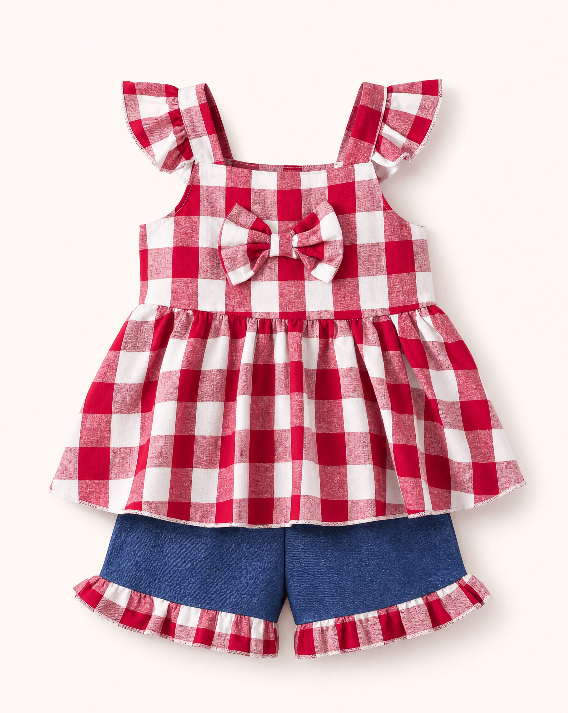 Baby  Gingham Bow Top and Ruffle Shorts Set