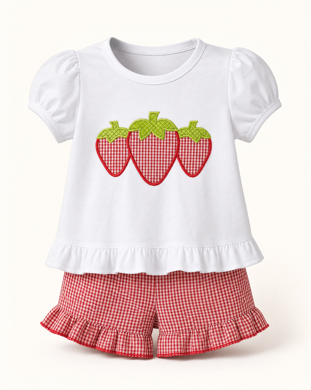 Baby Strawberry Appliqué Top & Gingham Ruffle Shorts Set