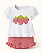 Baby Strawberry Appliqué Top & Gingham Ruffle Shorts Set