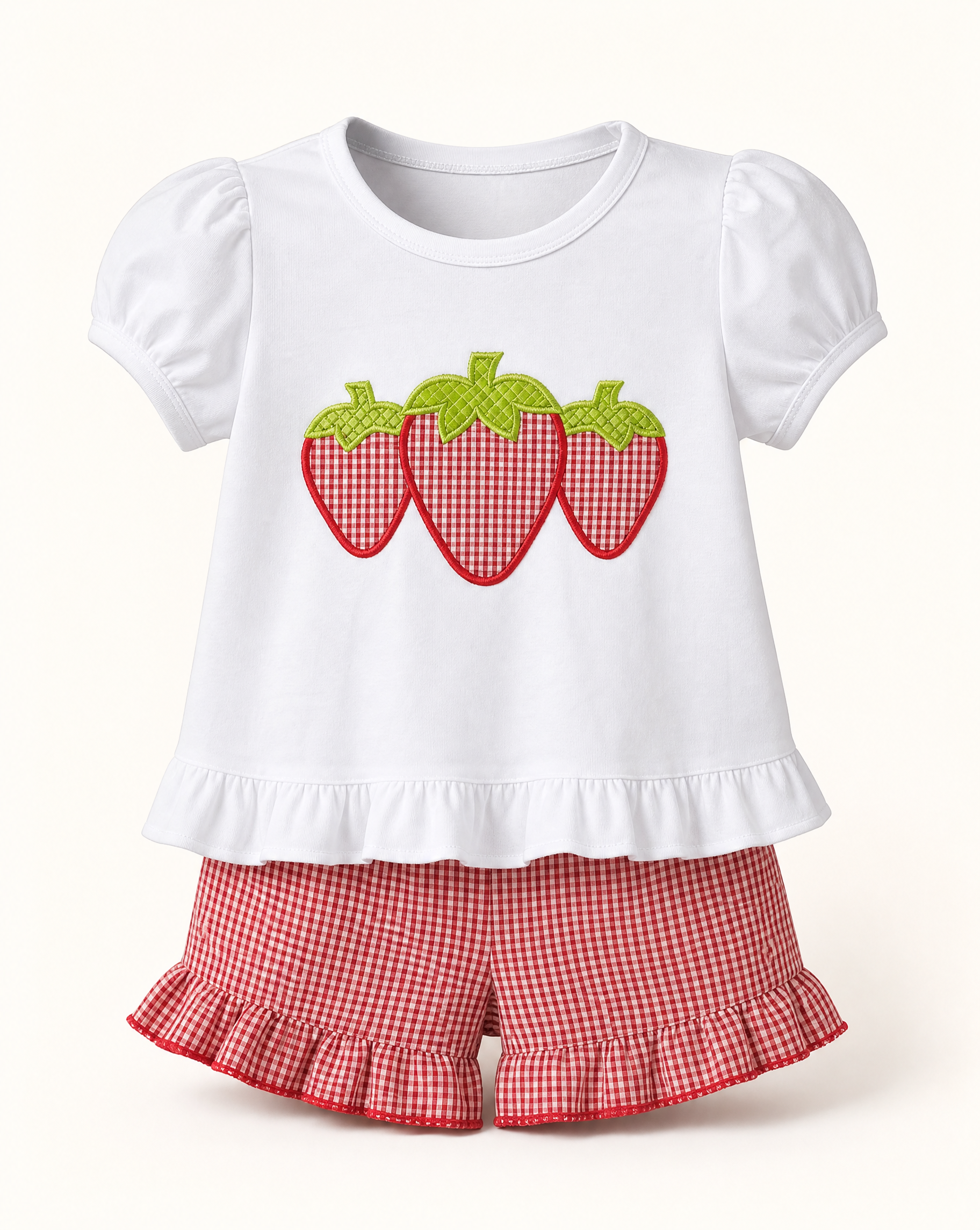 Baby Strawberry Appliqué Top & Gingham Ruffle Shorts Set
