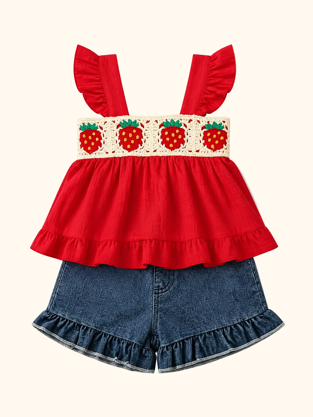 Strawberry Crochet-Trim Top & Denim Ruffle Shorts Set