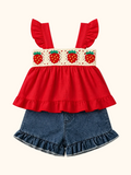 Strawberry Crochet-Trim Top & Denim Ruffle Shorts Set