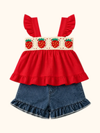 Baby Strawberry Crochet-Trim Top & Denim Ruffle Shorts Set
