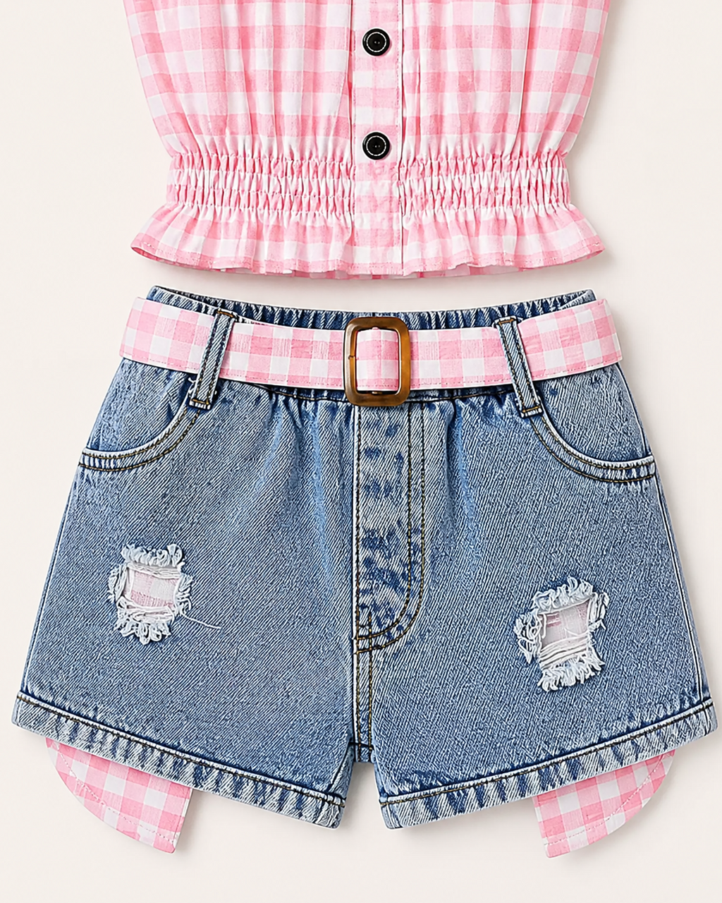 Kids Gingham Ruffle Top & Denim Shorts Set