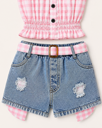 Kids Gingham Ruffle Top & Denim Shorts Set