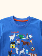 Blue kids farm alphabet T-shirt with colorful animal and farm graphic, front detail