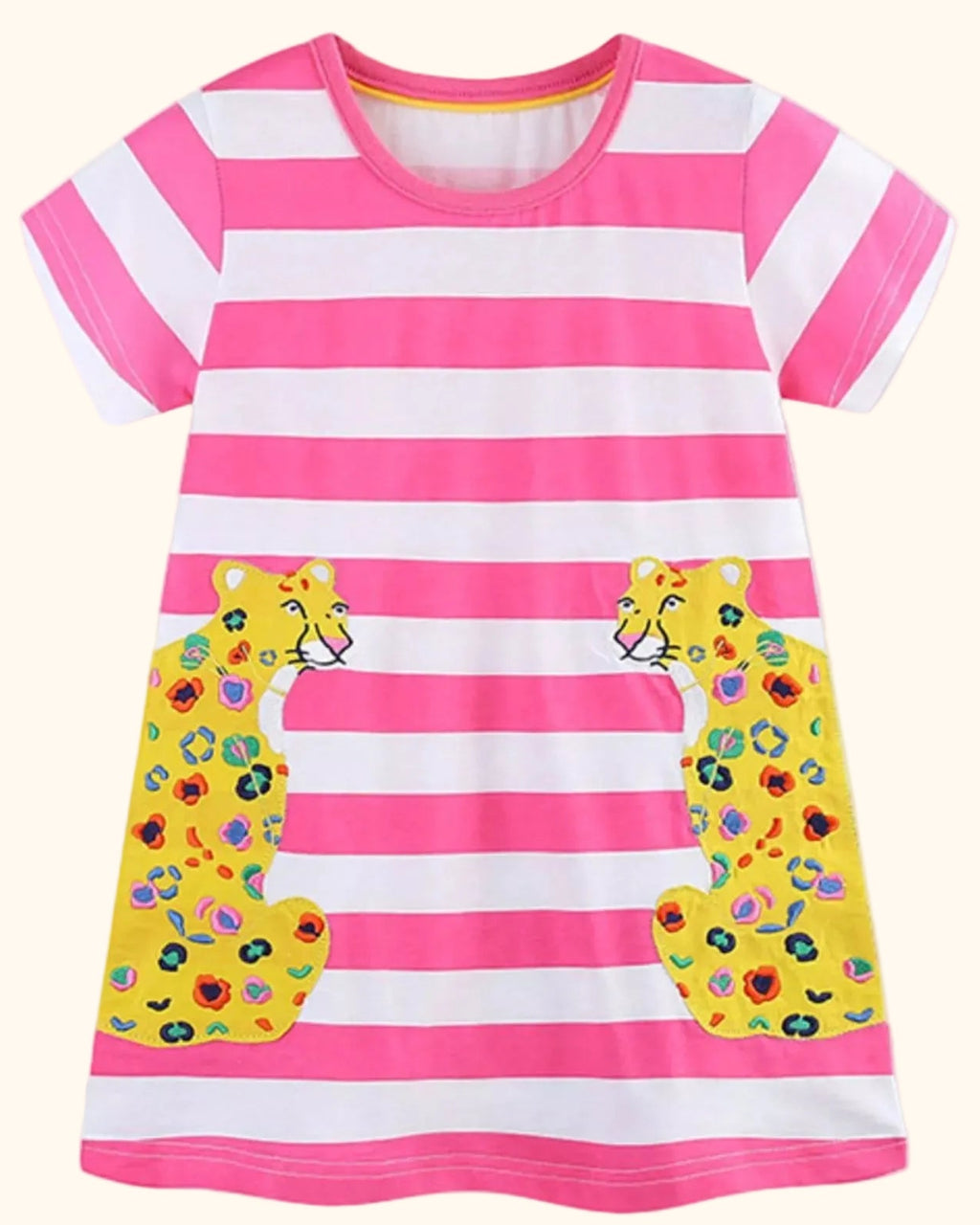 Pink and white striped kids dress with yellow leopard appliqué pockets, front product view