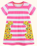 Pink and white striped kids dress with yellow leopard appliqué pockets, front product view