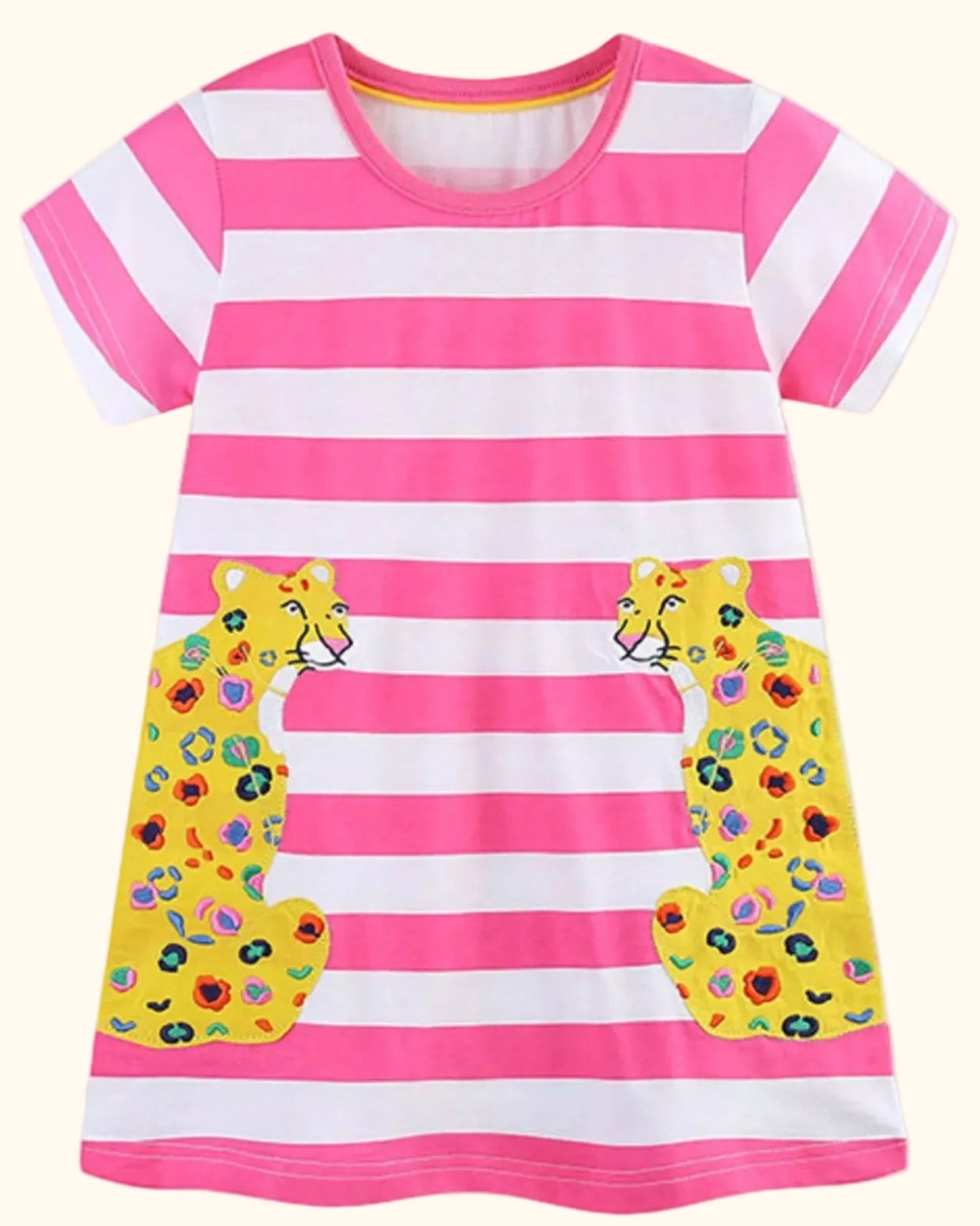 Pink and white striped kids dress with yellow leopard appliqué pockets, front product view