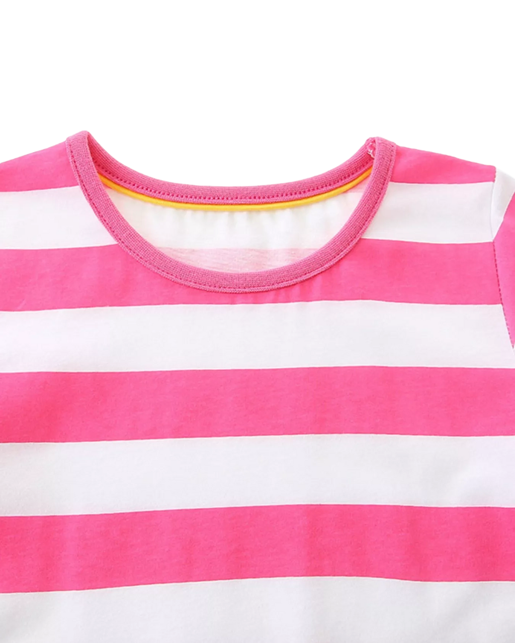 Pink and white striped kids dress with round neckline, neckline close-up view