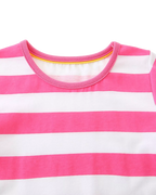 Pink and white striped kids dress with round neckline, neckline close-up view