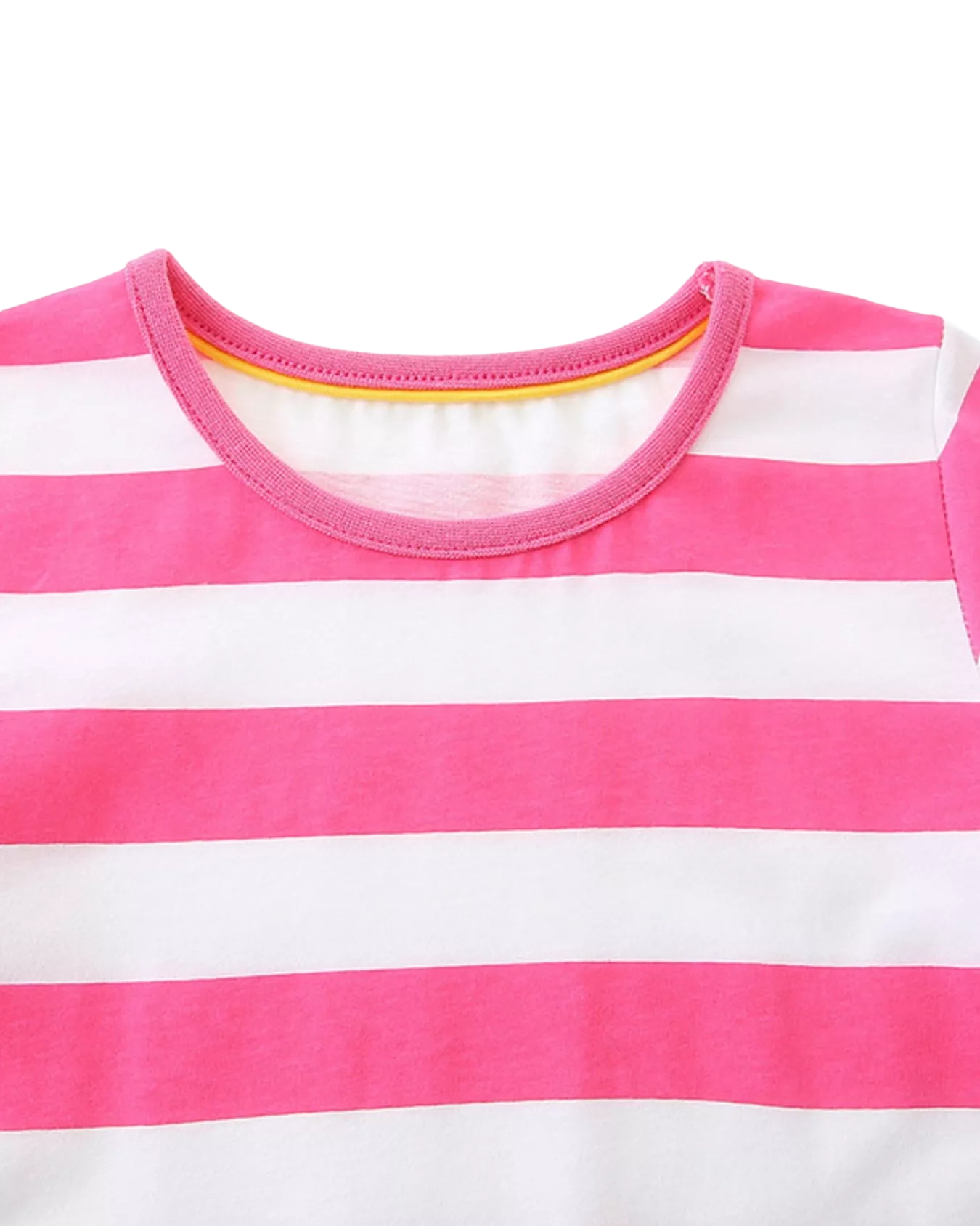 Pink and white striped kids dress with round neckline, neckline close-up view