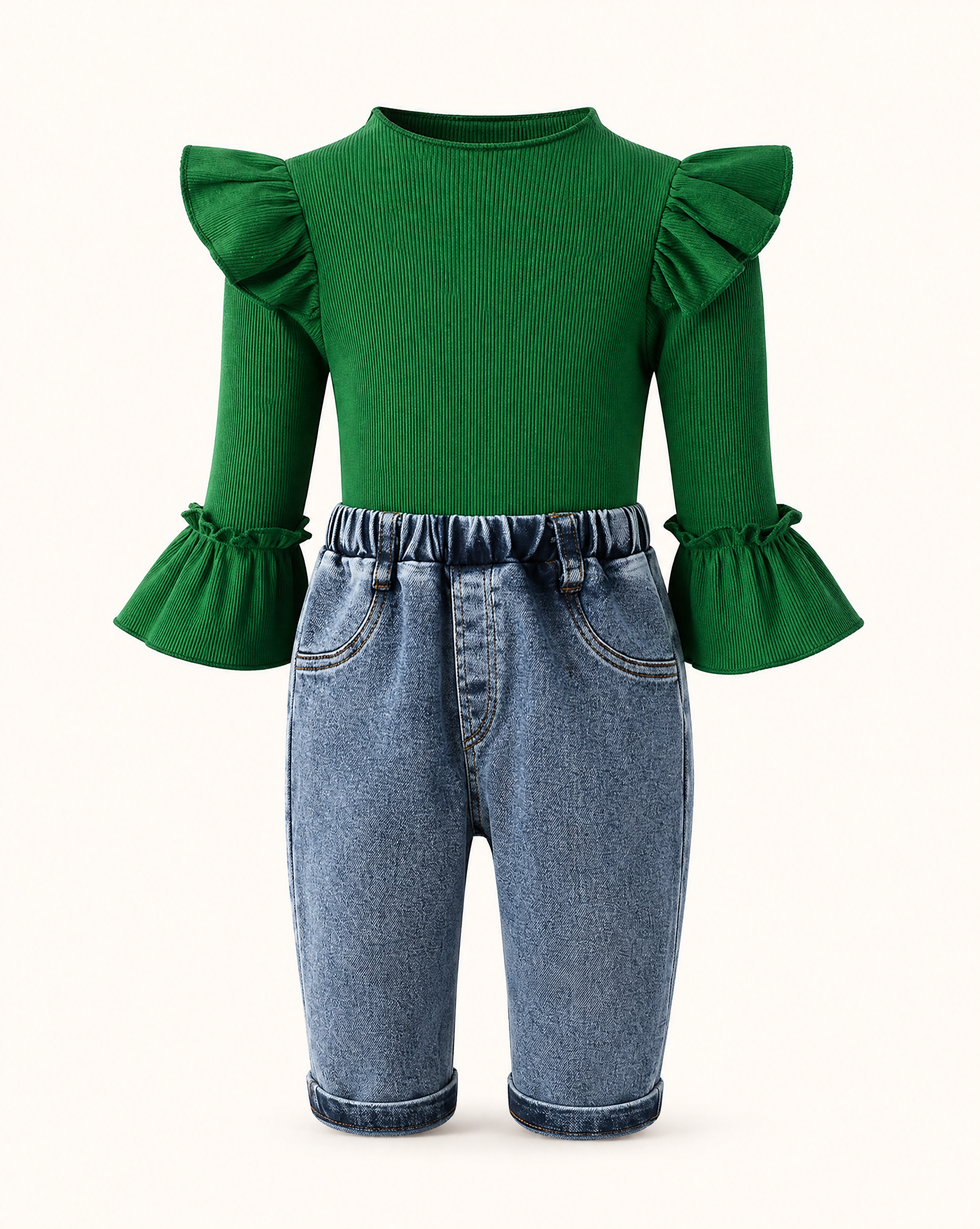 Baby  Ruffle Trim Ribbed Top and Jeans Set