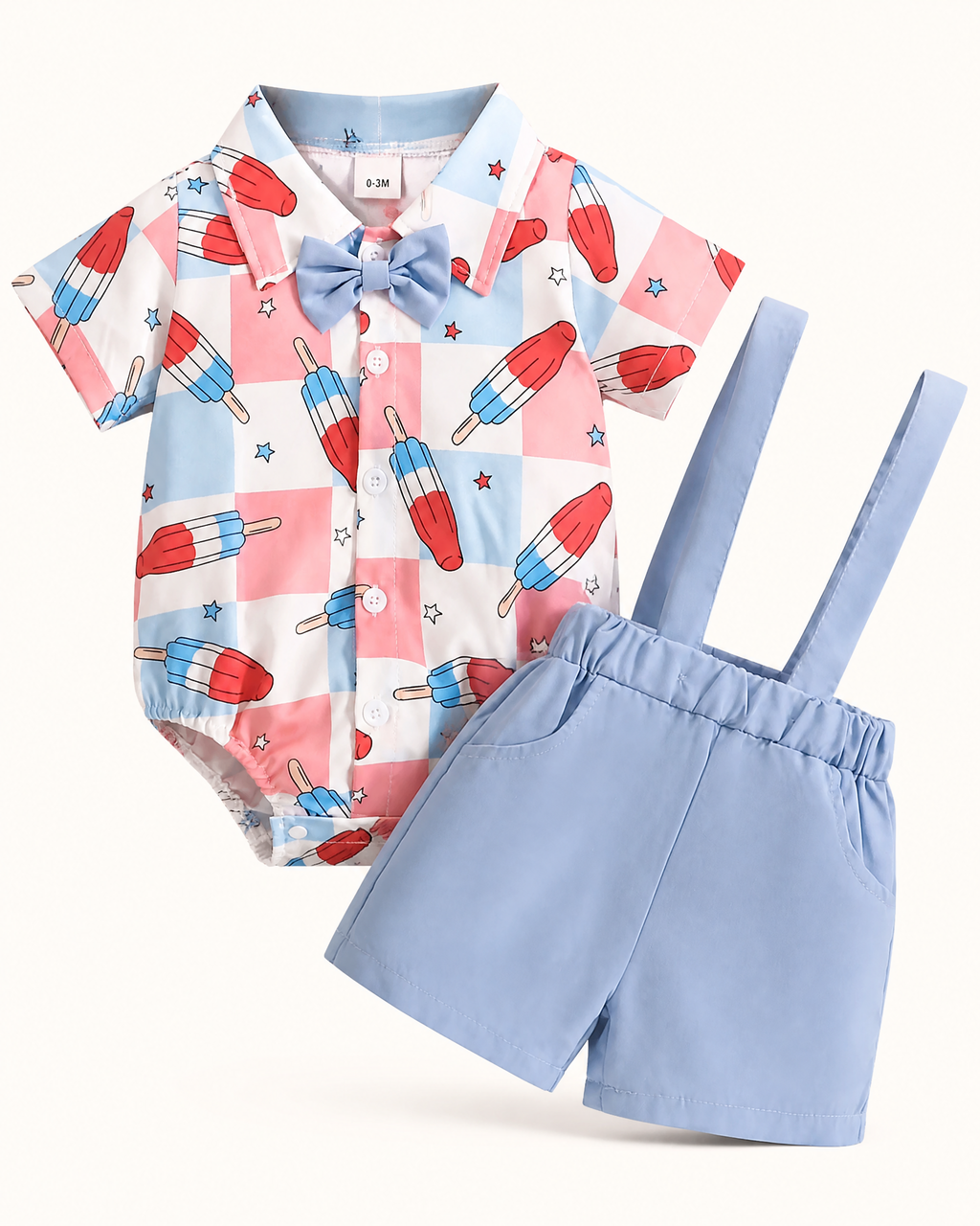 Baby USA Print Bow Bodysuit and Suspender Shorts Set