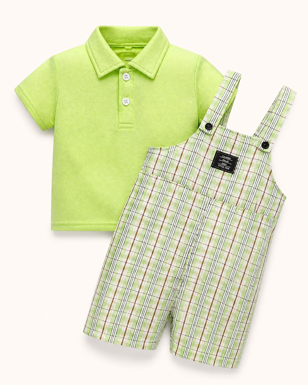 Baby Solid Color Polo and Plaid Overalls Set
