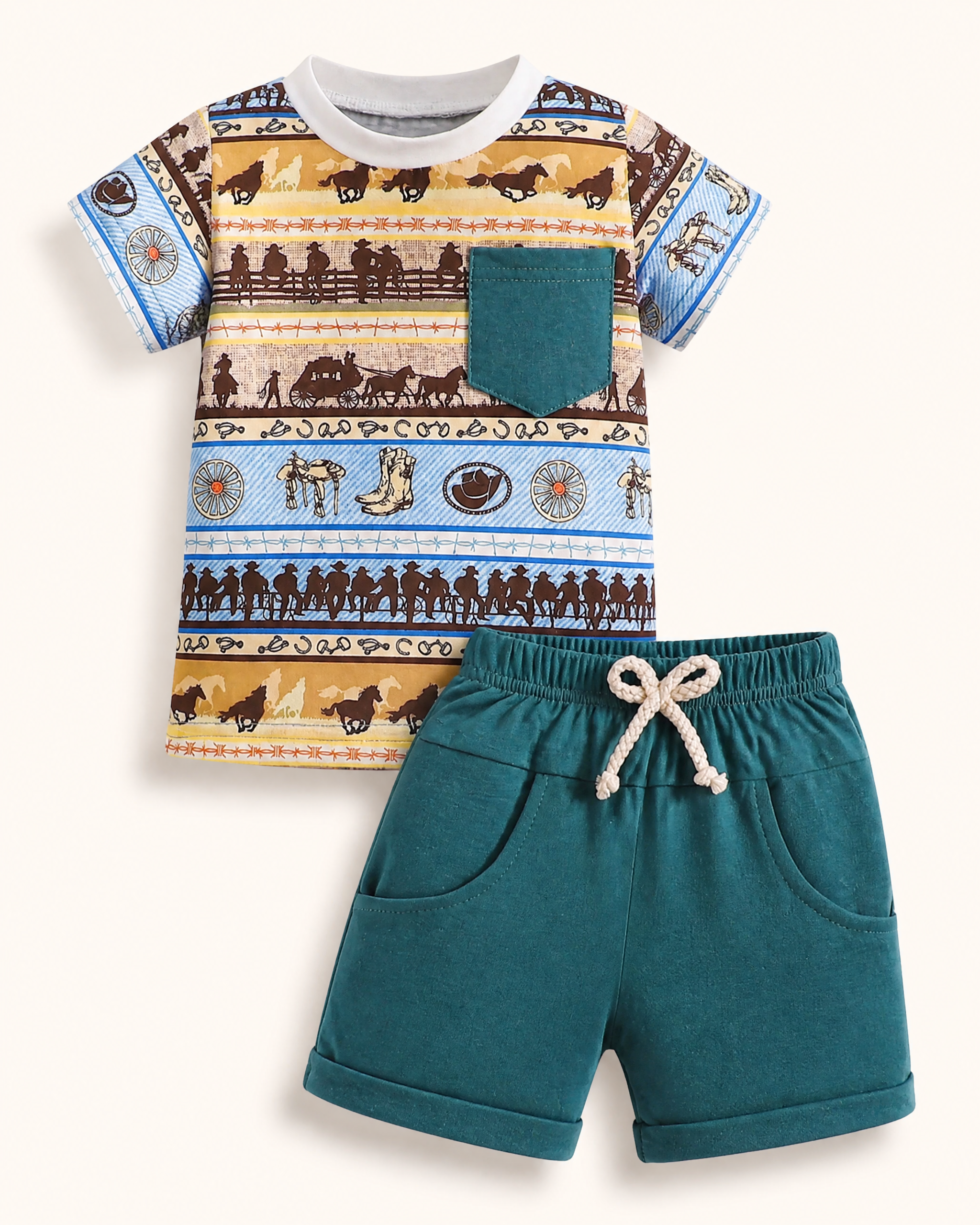 Baby Western Print Pocket Tee and Shorts Set