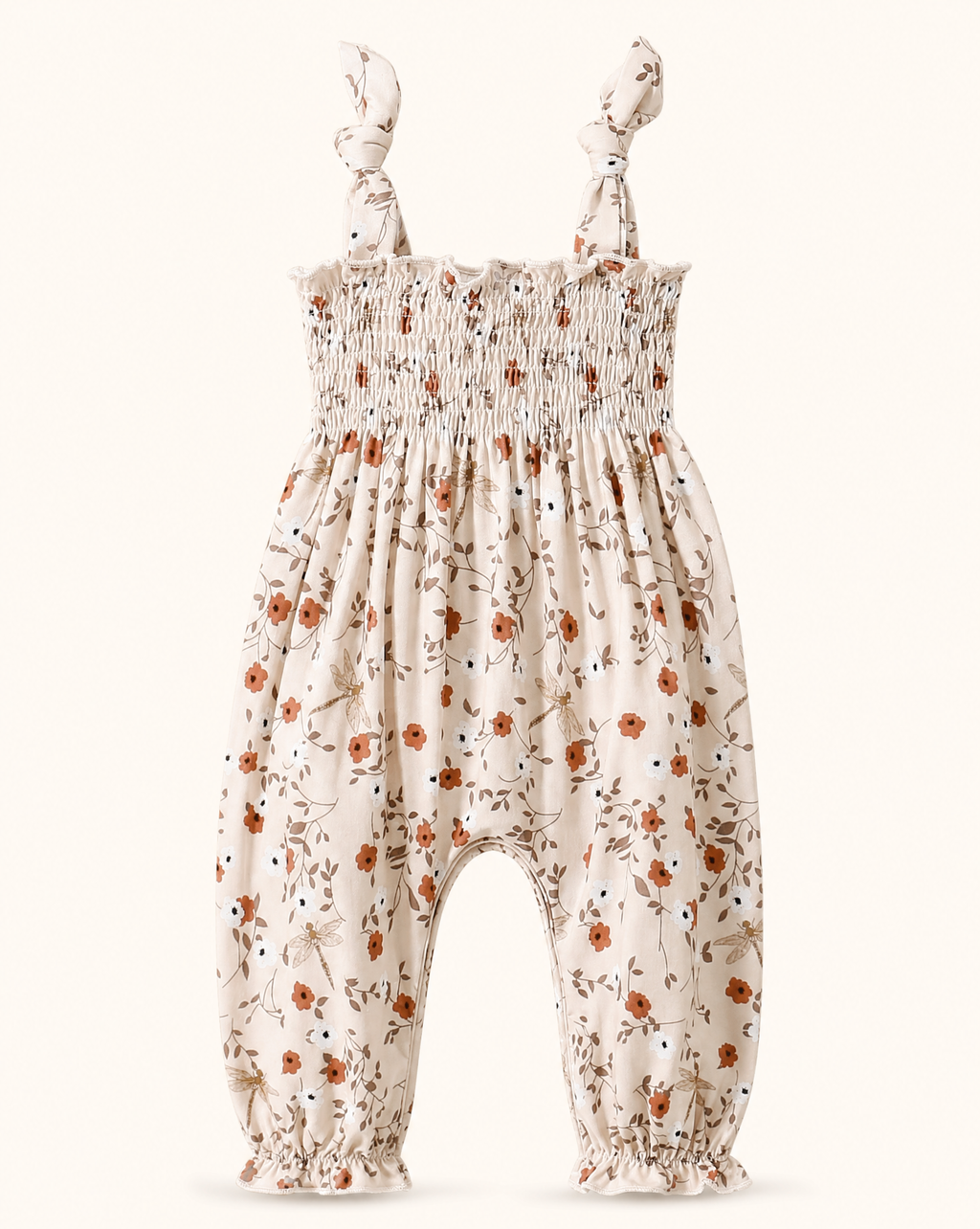 Baby Floral Smocked Jumpsuit with Tie Straps