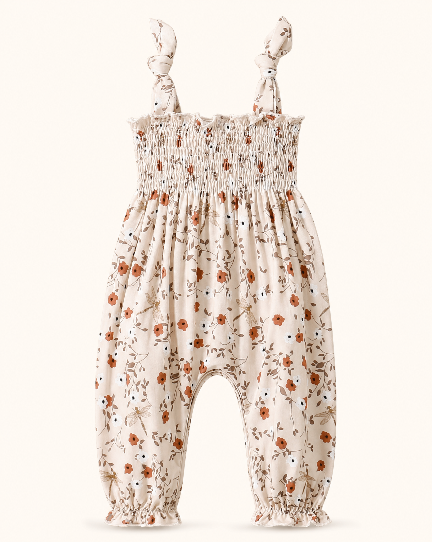 Baby Floral Smocked Jumpsuit with Tie Straps