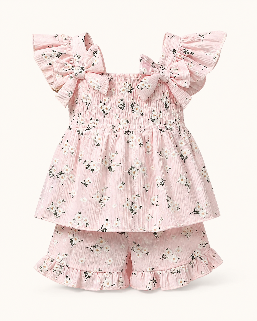 Baby  Pink Floral Bow Top and Ruffle Shorts Set