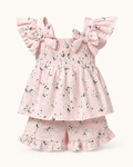 Baby  Pink Floral Bow Top and Ruffle Shorts Set