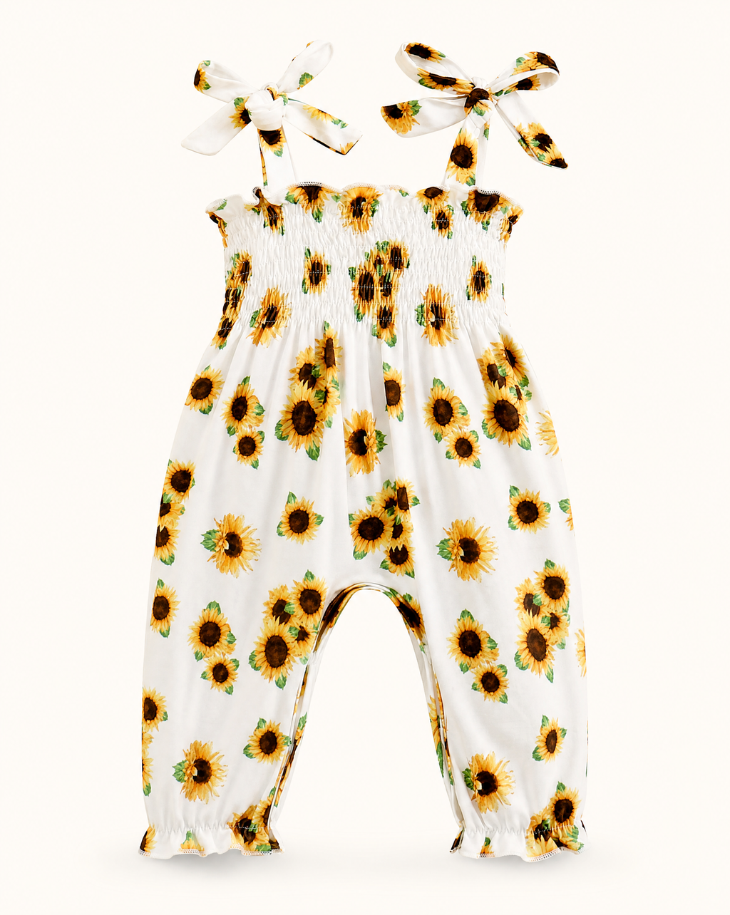 Baby Sunflower Print Smocked Jumpsuit with Tie Straps