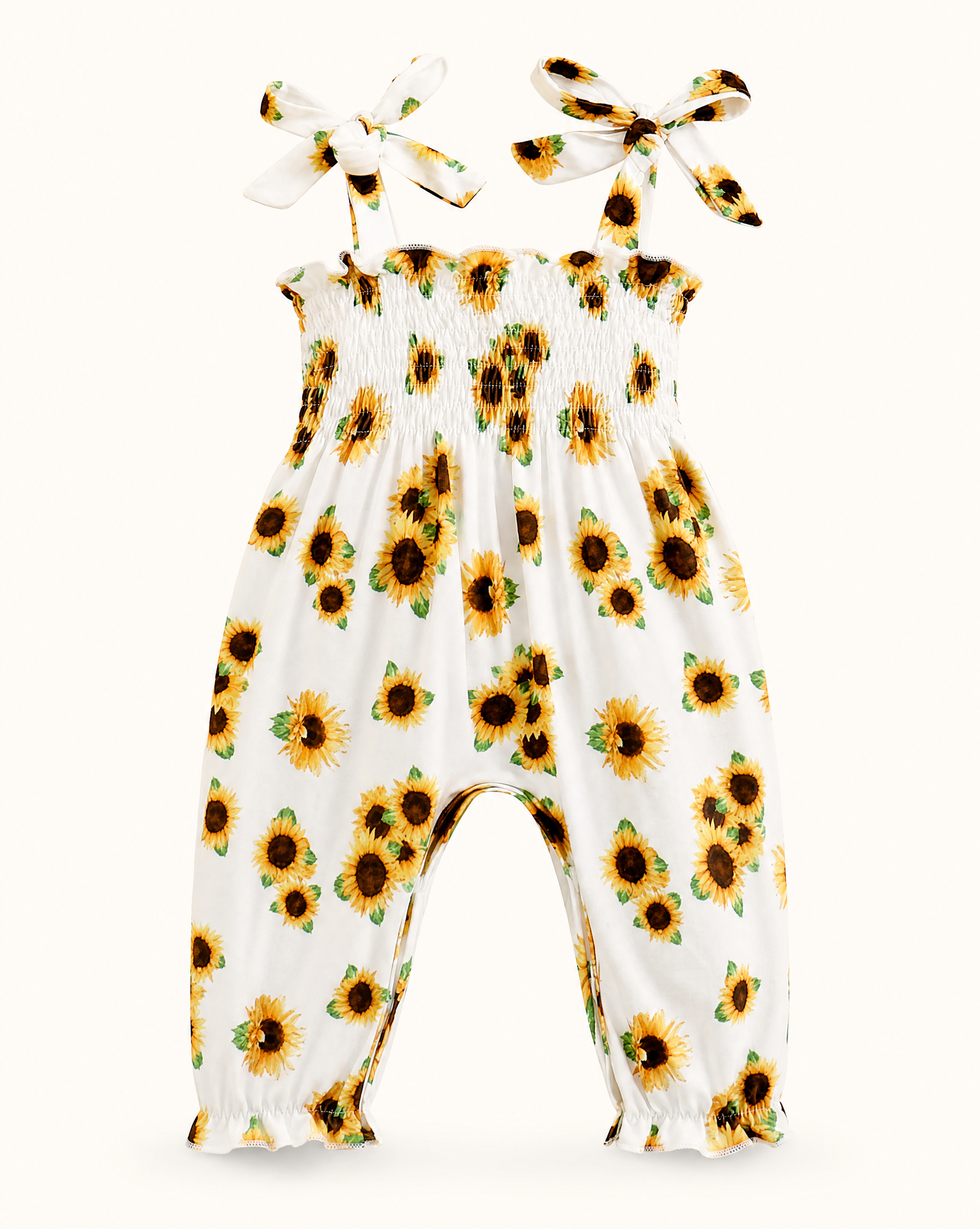 Baby Sunflower Print Smocked Jumpsuit with Tie Straps