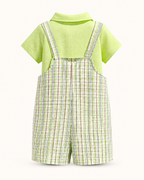 Baby Solid Color Polo and Plaid Overalls Set