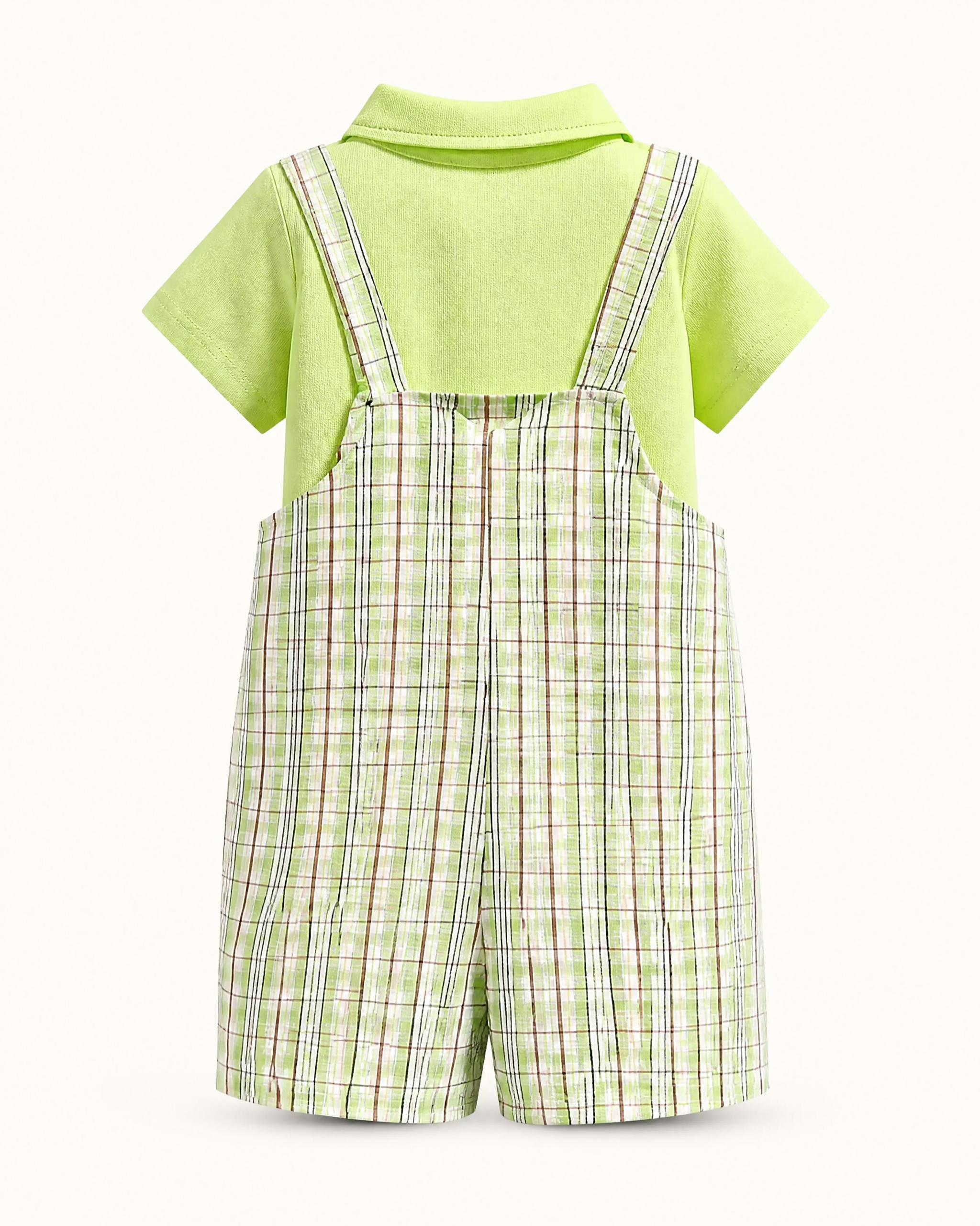 Baby Solid Color Polo and Plaid Overalls Set