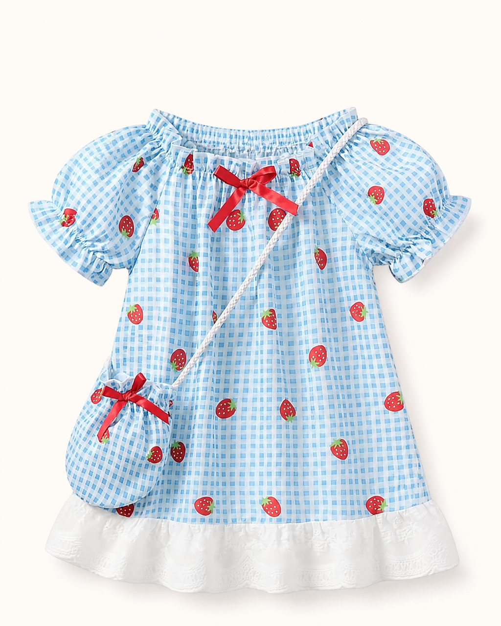 Baby  Strawberry Gingham Dress, Purse & Hat Set