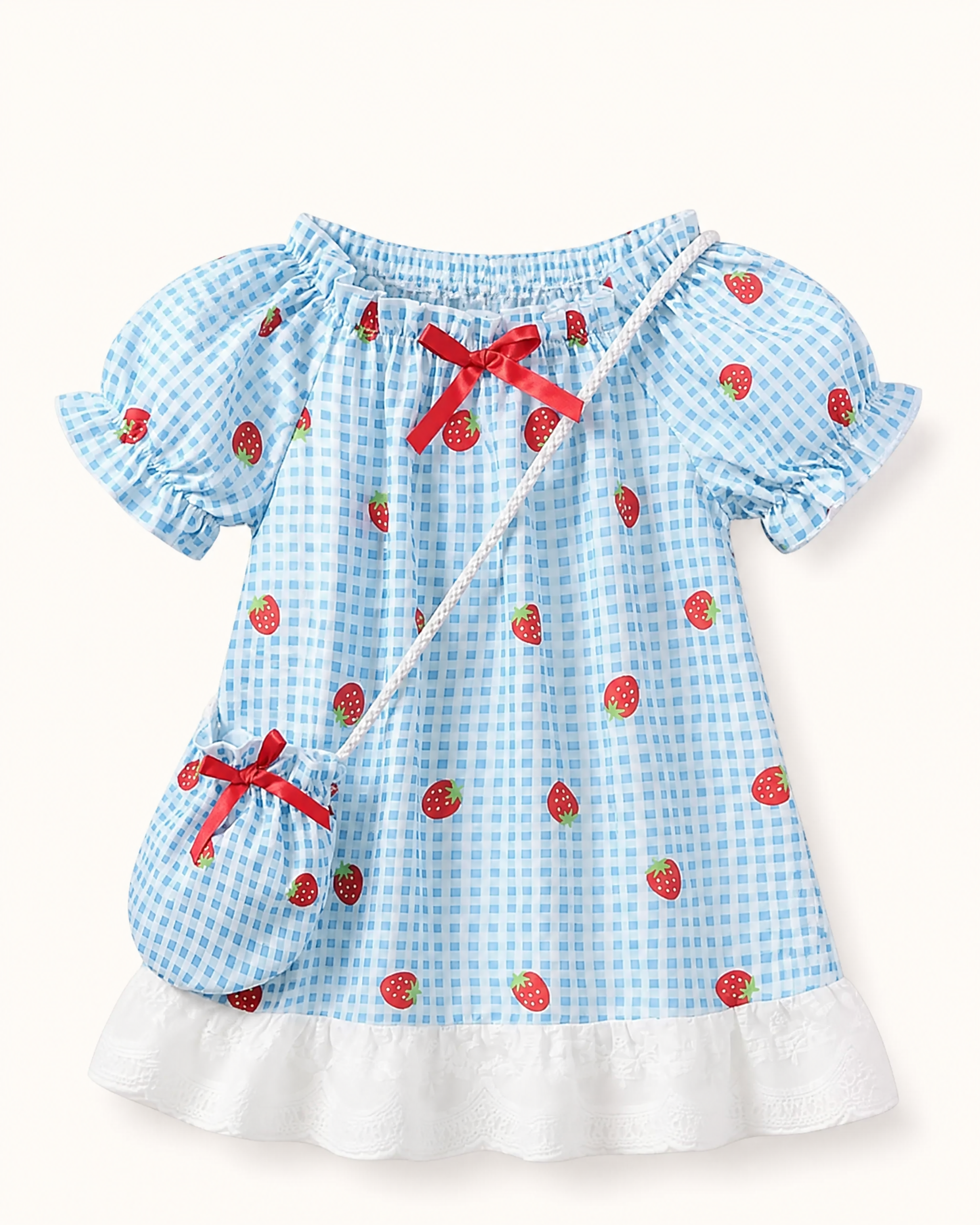 Baby  Strawberry Gingham Dress, Purse & Hat Set
