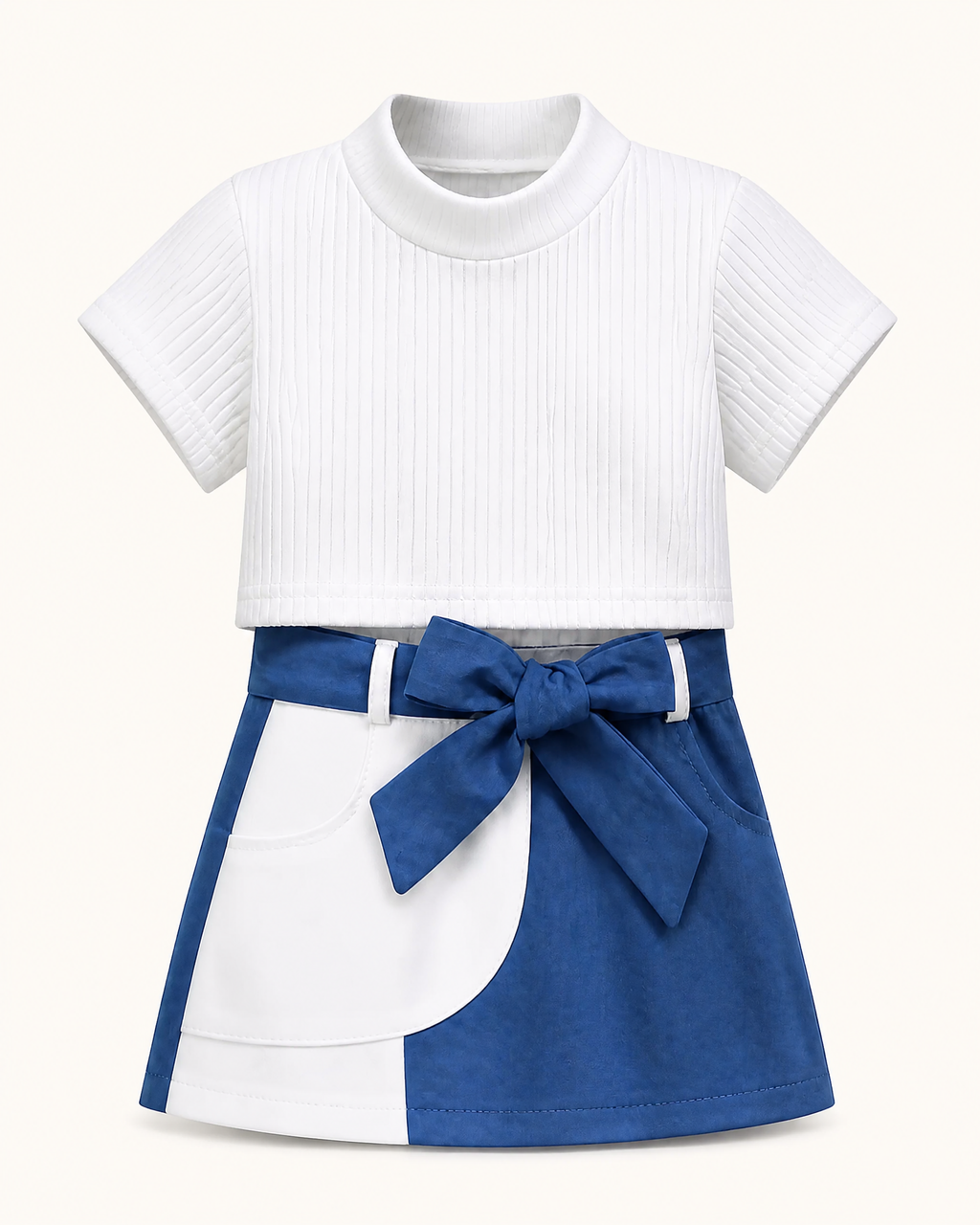 Baby Ribbed Knit Top & Bow Colorblock Skirt Set