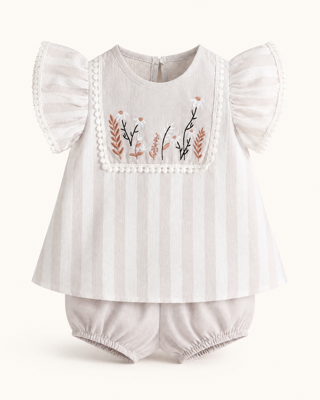 Baby  Floral Embroidered Striped Top and Bloomer Set