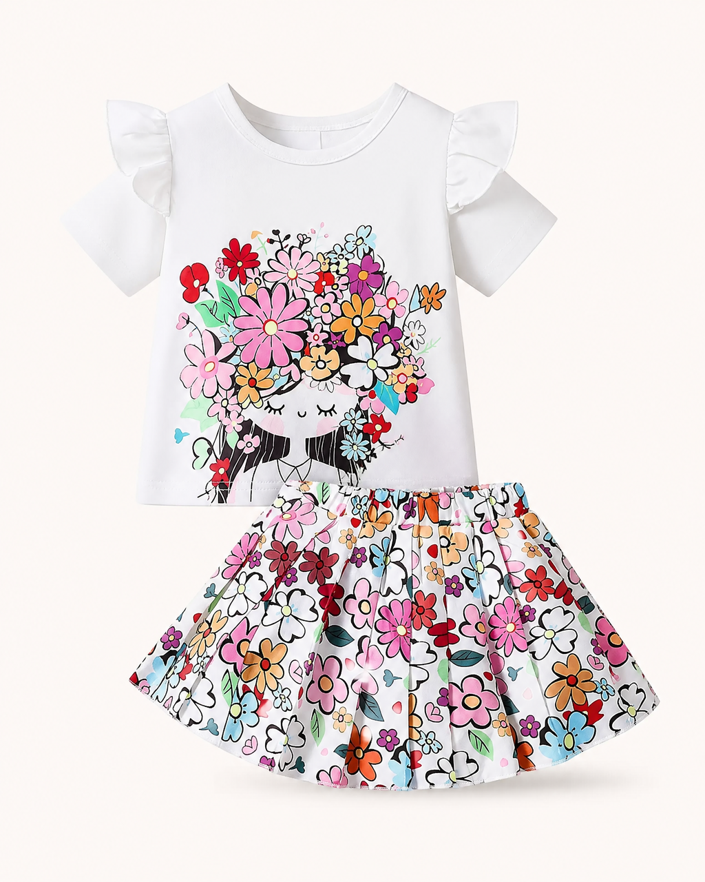 Baby Floral Graphic Ruffle Sleeve Top & Skirt Set
