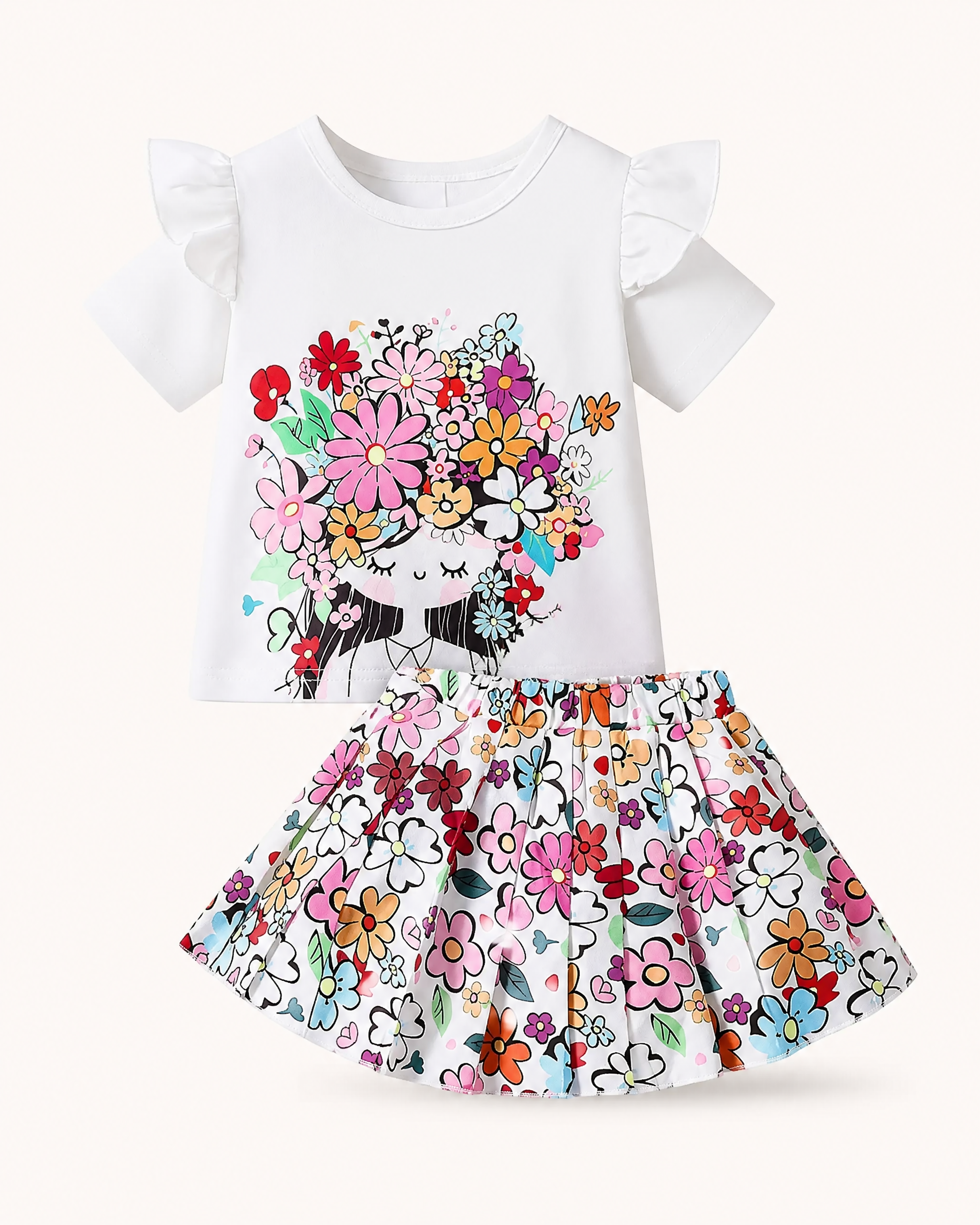 Baby Floral Graphic Ruffle Sleeve Top & Skirt Set