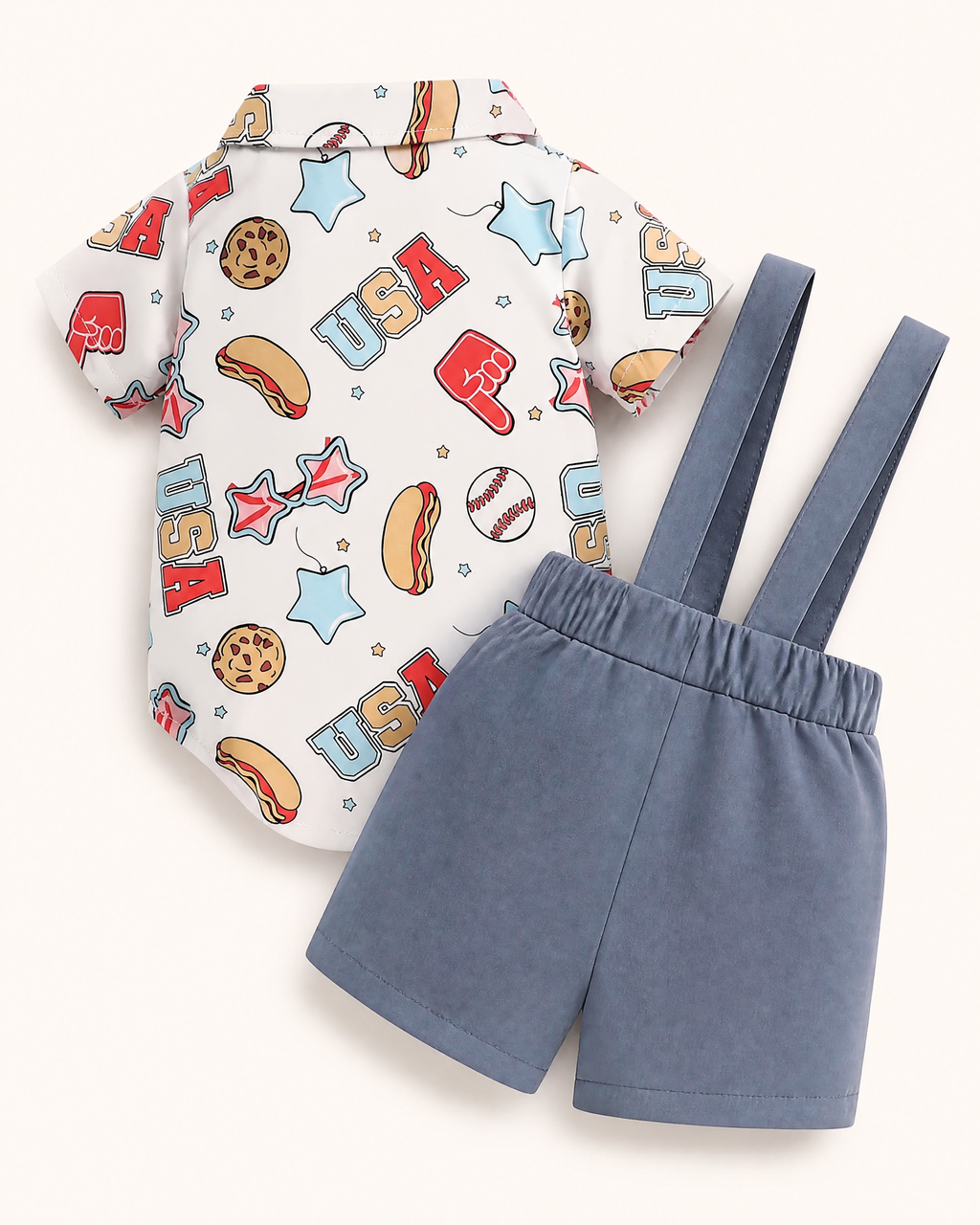 Baby USA Print Bow Bodysuit and Suspender Shorts Set