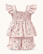 Baby  Pink Floral Bow Top and Ruffle Shorts Set