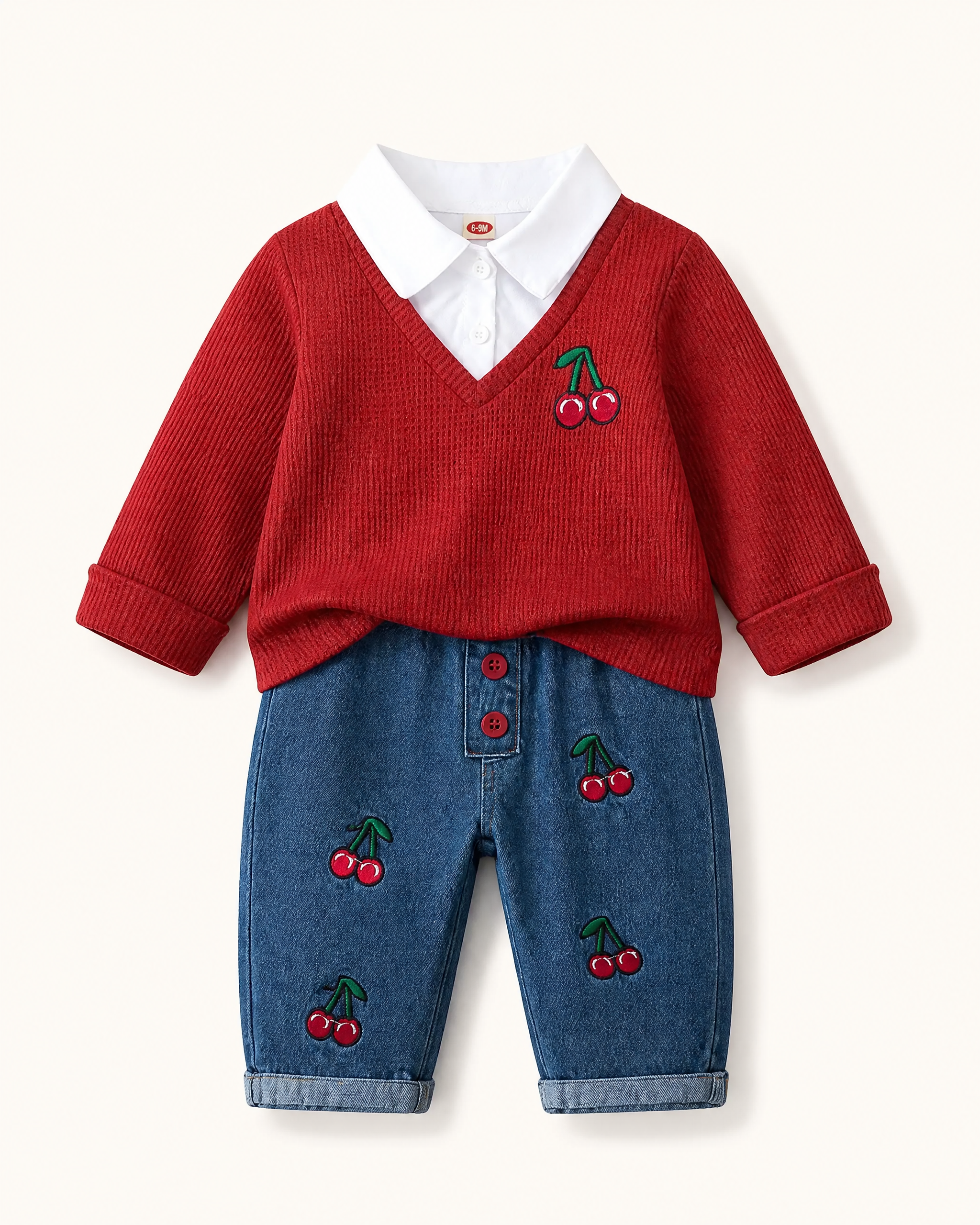 Baby  Cherry Embroidered Knit Top & Jeans Set