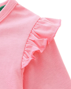 Blush pink kids long-sleeve dress with gathered shoulder ruffle, close-up detail view