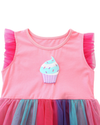Kids Cupcake Graphic Rainbow Tulle Dress