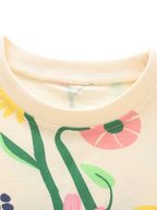 Beige kids floral and fruit print T-shirt with round neckline, neckline close-up view