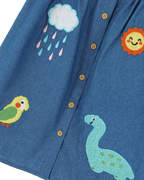 Kids Blue Embroidered Denim A-Line Dress with Ruffle Sleeves