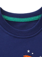 Dark navy kids dinosaur sweatshirt with ribbed crew neckline, neckline close-up