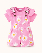 Baby Ruffle Trim Ribbed Top and Daisy Overalls Set
