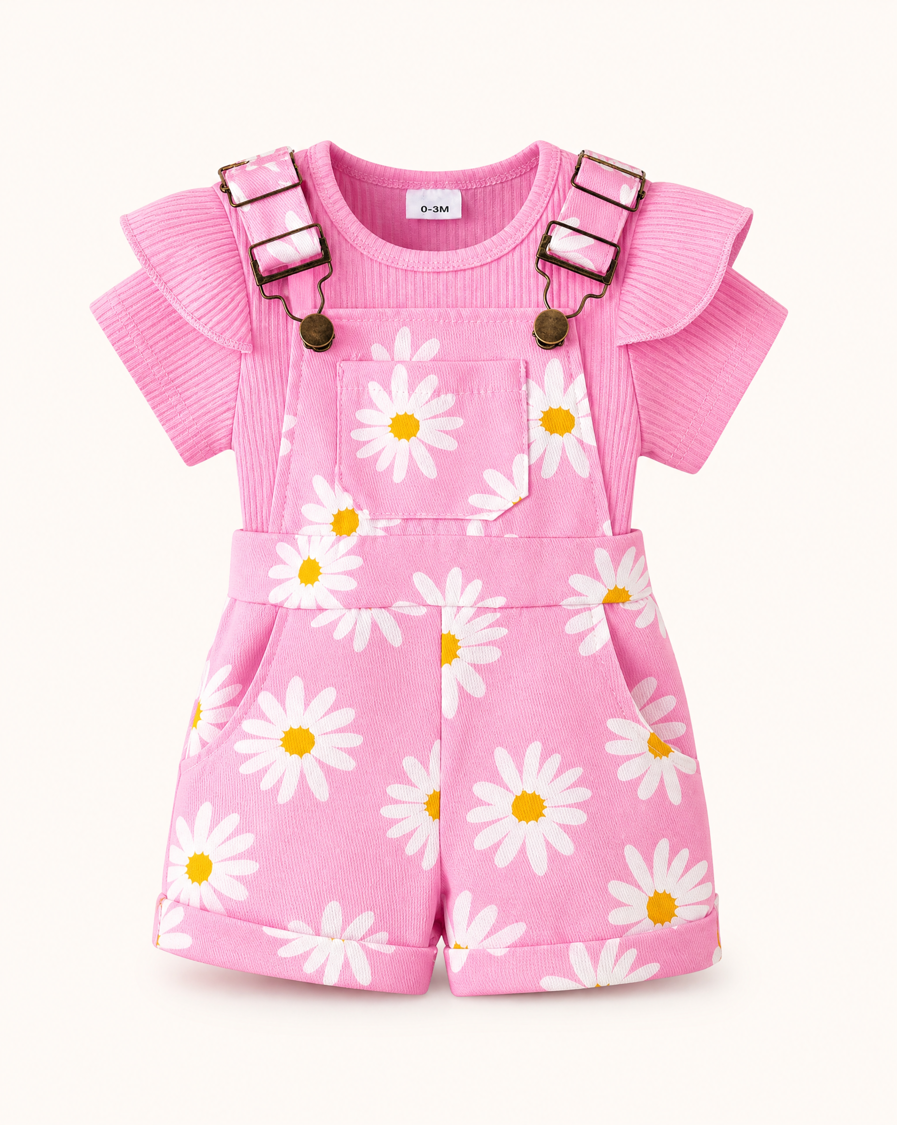 Baby Ruffle Trim Ribbed Top and Daisy Overalls Set