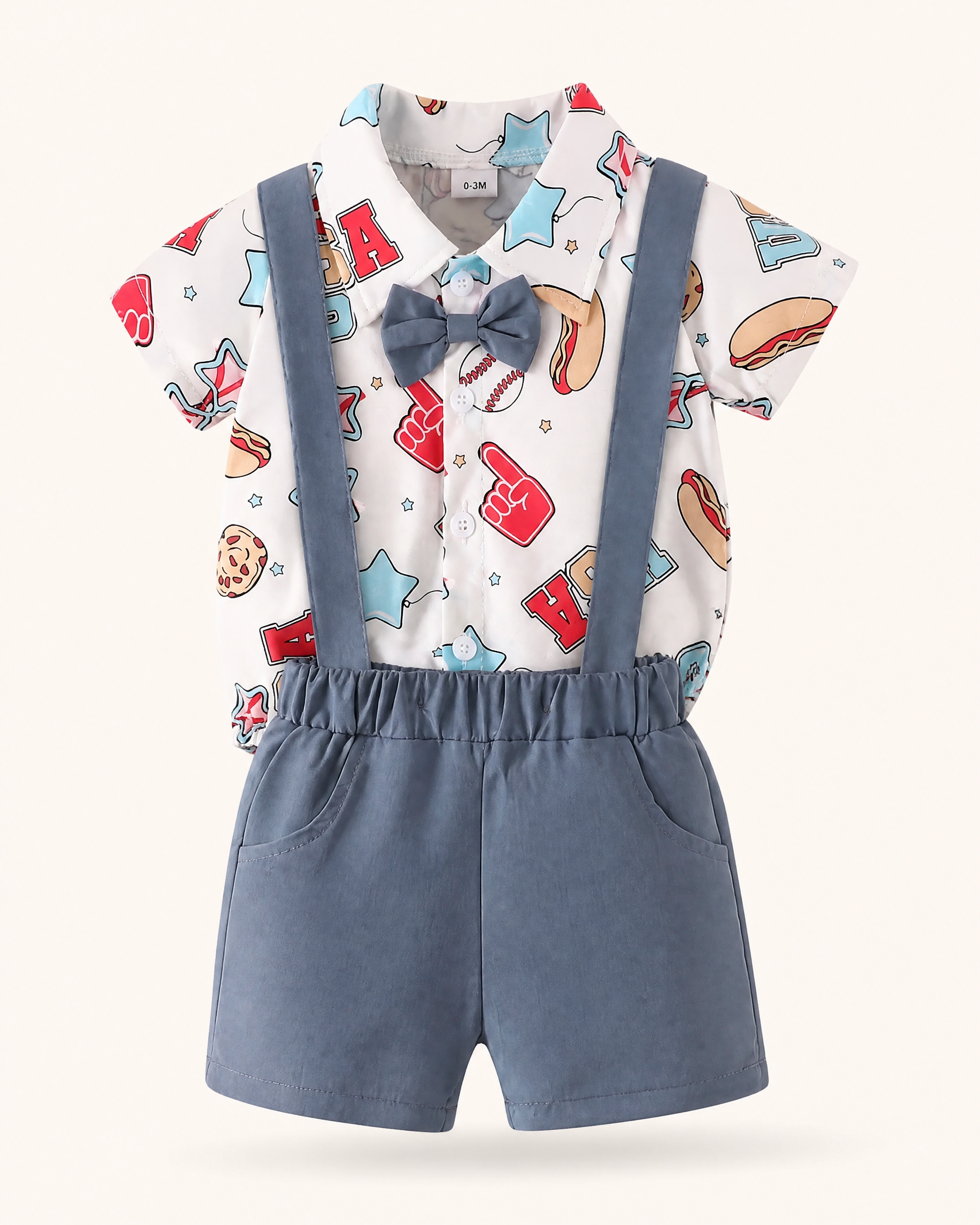 Baby USA Print Bow Bodysuit and Suspender Shorts Set