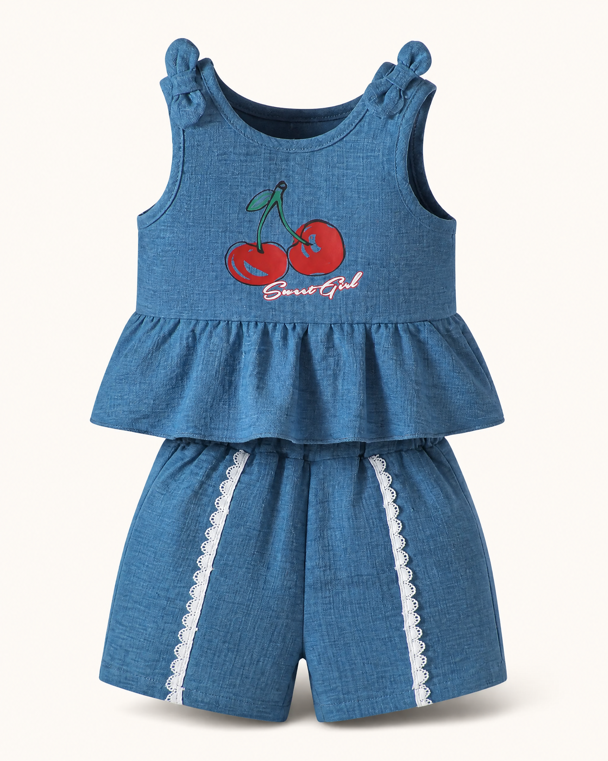 Baby Cherry Graphic Peplum Tank and Lace-Trim Shorts Set